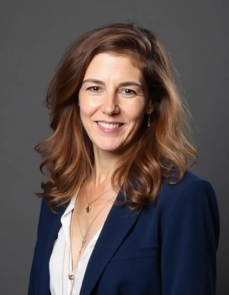 סיון גוטהולץ, עורכת דין ומגשרת, עם שיער חום גלי ארוך, לובשת בלייזר כחול וחולצה לבנה, מחייכת על רקע אפור חלק.