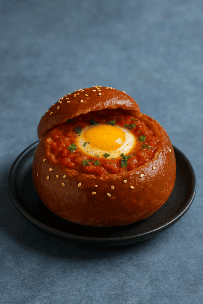 קערת לחם שומשום עגולה, בהשראת לחמניות שקשוקה, ממולאת ברוטב עגבניות וביצה אפויה, מעוטרת בעשבי תיבול קצוצים, מונחת על צלחת שחורה על רקע אפור.