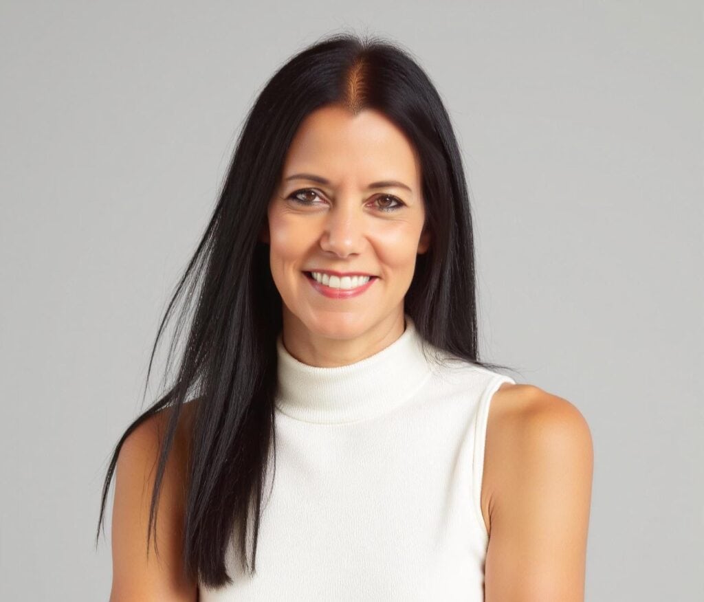 אישה עם שיער שחור ארוך וישר, לבושה בחולצה לבנה ללא שרוולים עם צווארון גולף, מחייכת למצלמה על רקע אפור בהיר, מתמחה בהדרכת הורים ותמיכה בזוגות הבוחרים להתגרש עם ילדים.