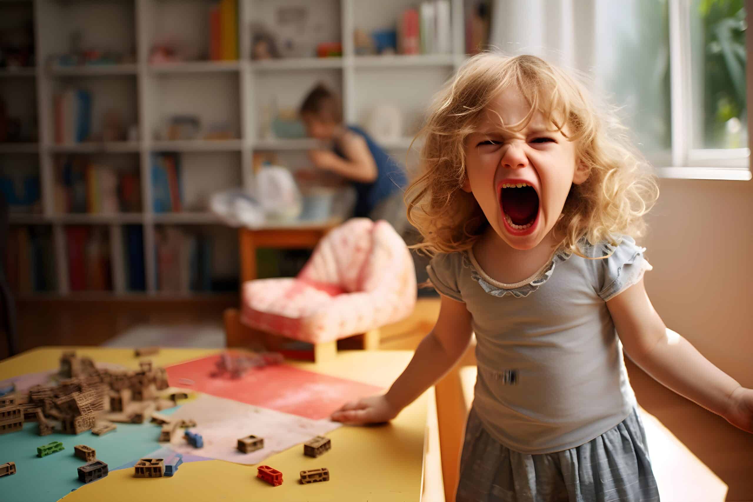ילדה צעירה עם שיער מתולתל עומדת ליד שולחן, פיה פעור לרווחה כאילו היא צועקת או צורחת, וצעצועים וקוביות מפוזרים סביבה — אולי בתגובה ל-זמני שהות או לשינויים משעשעים; ילד אחר נמצא ברקע.